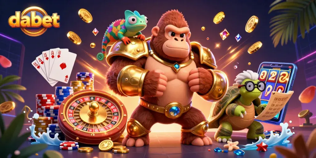 Dabet showcases a vibrant casino environment with a powerful gorilla, chameleon, and wise tortoise surrounded by golden coins and poker chips.