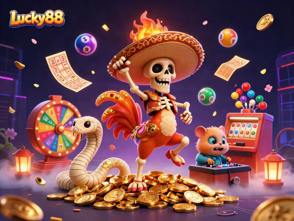 Experience the excitement of Lucky88 with vibrant casino elements and characters celebrating a jackpot.