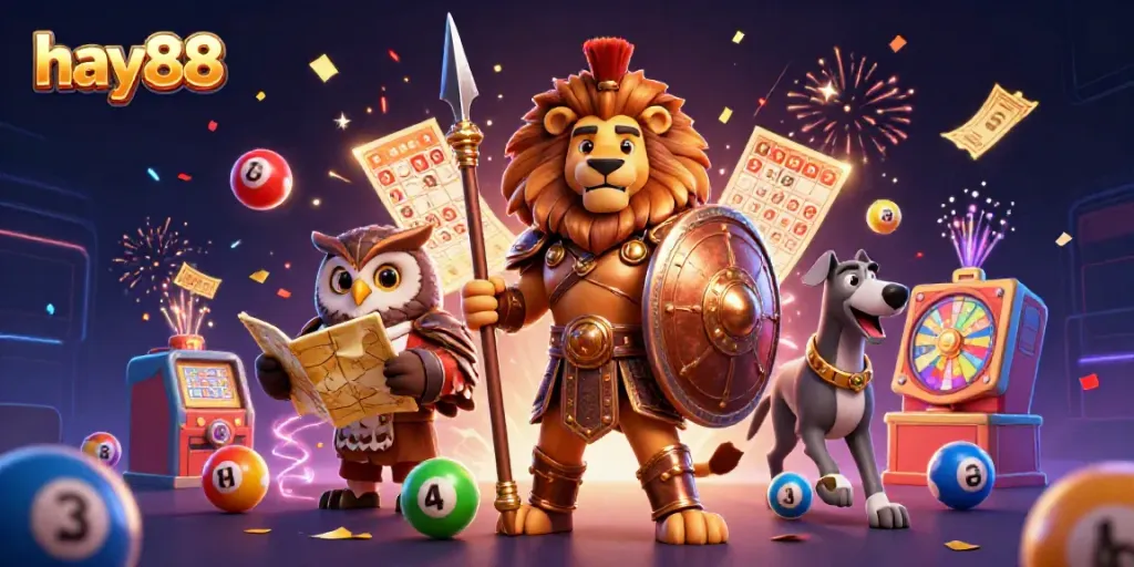 Experience the thrilling world of hay88 with vibrant lottery elements and dynamic casino characters.