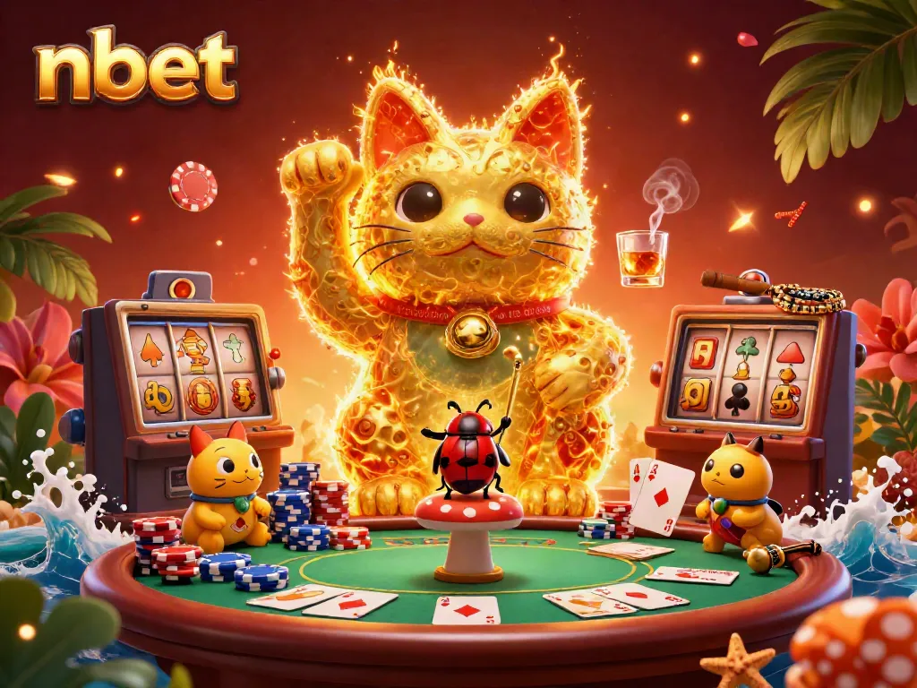 Experience the excitement of nbet's gaming world with an illustration of a lucky cat and vibrant casino elements.
