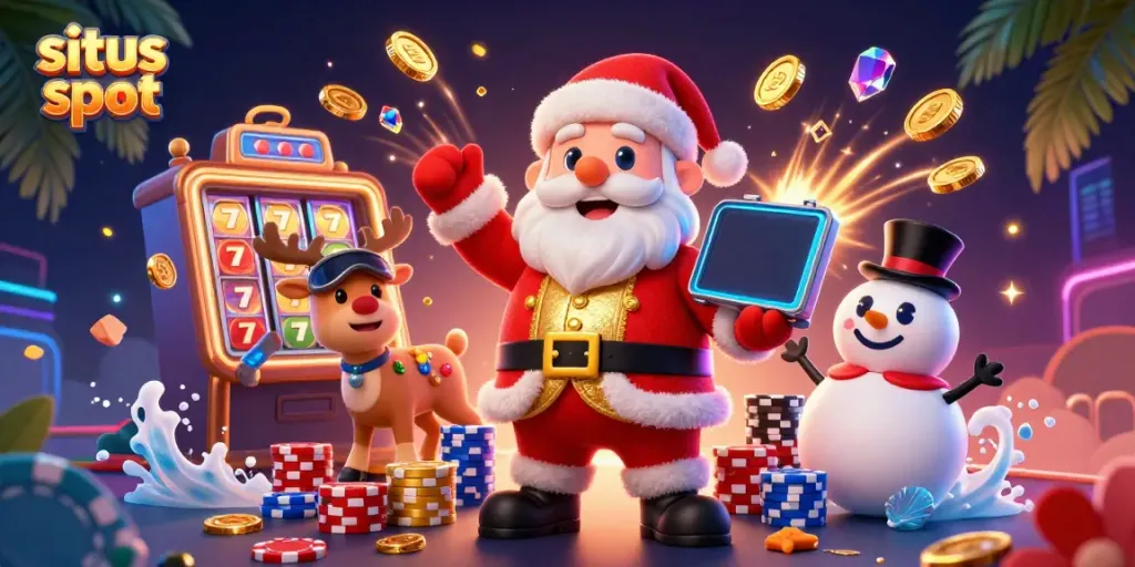 Experience the excitement of situs slot with a vibrant 3D casino setting featuring characters and jackpot symbols.