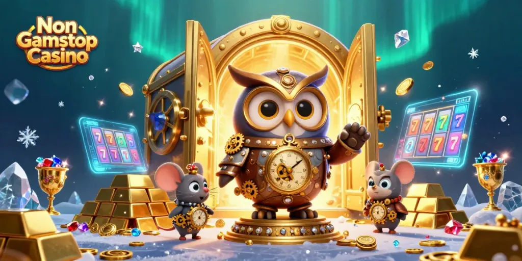Explore the dynamic scene of Non Gamstop Casino with a time-traveler owl and treasures.