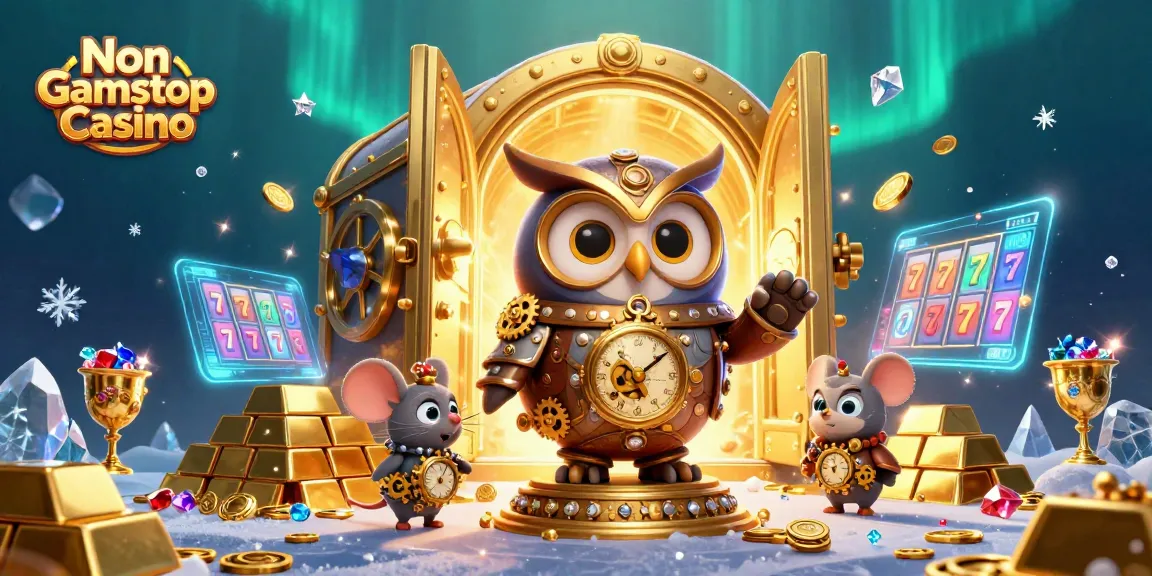 Explore the dynamic scene of Non Gamstop Casino with a time-traveler owl and treasures.