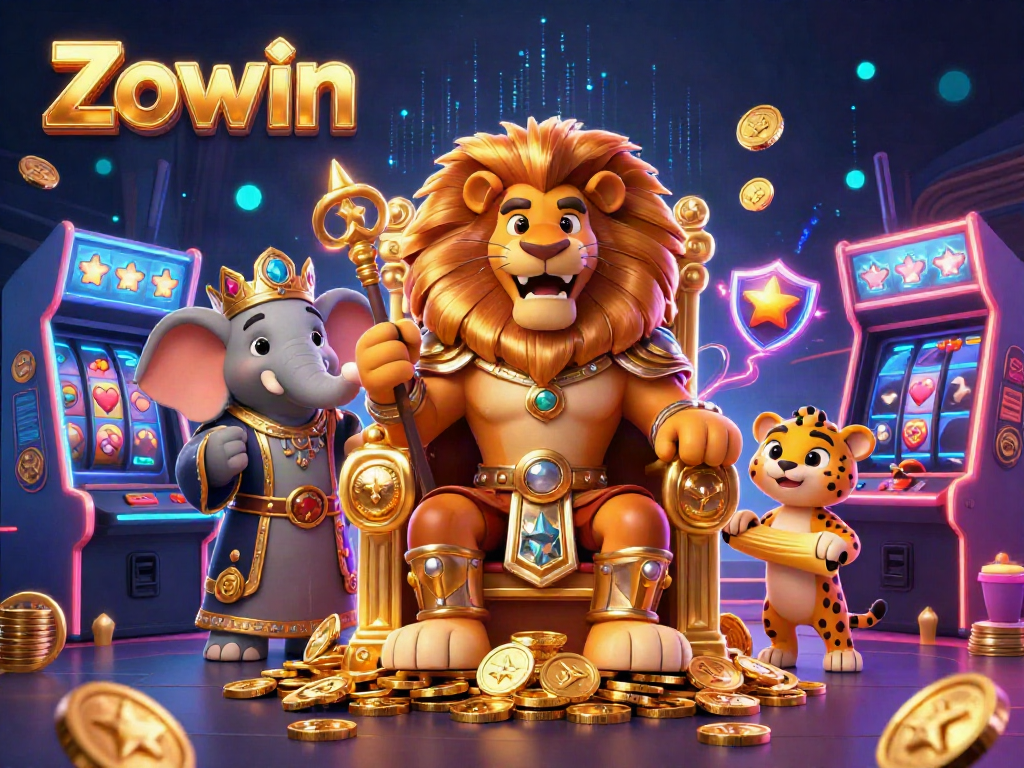 Zowin casino scene featuring a lion king, elephant advisor, and cheetah messenger surrounded by game elements.