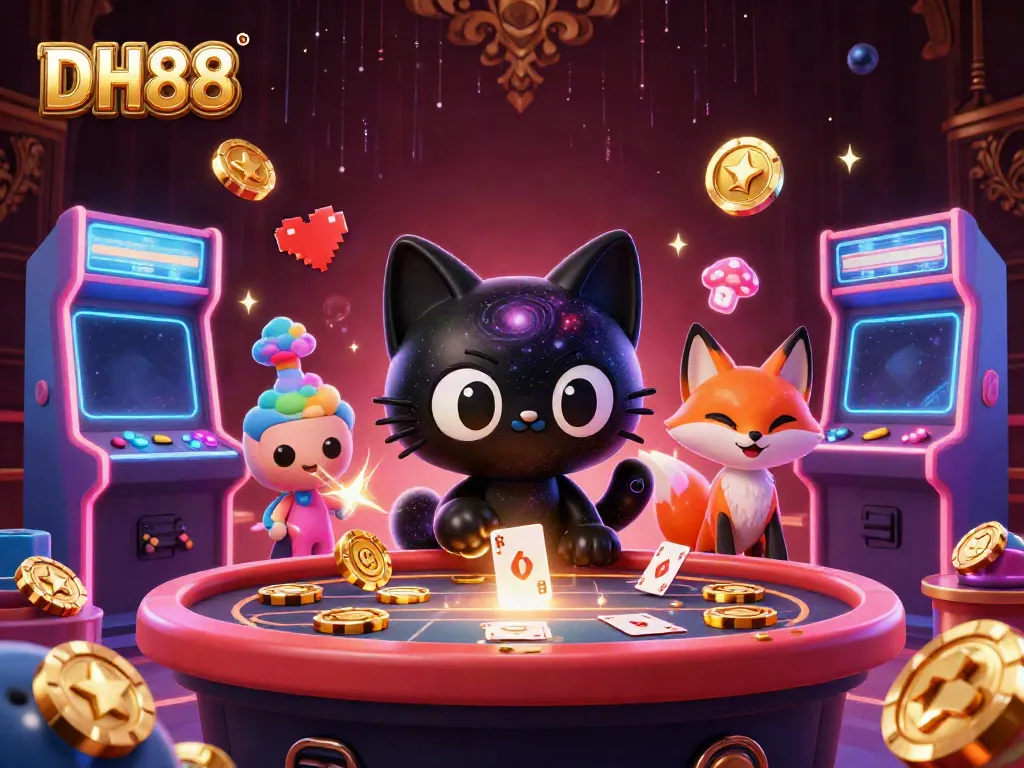 Engage with DH88's cosmic casino experience featuring a black hole cat and nebula fox amidst vibrant game elements.