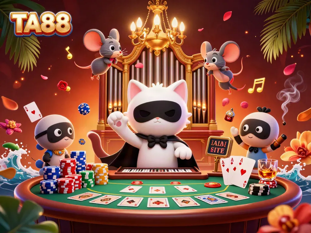Place bets and win at TA88 with a vibrant casino scene featuring a masked cat and dynamic game elements.