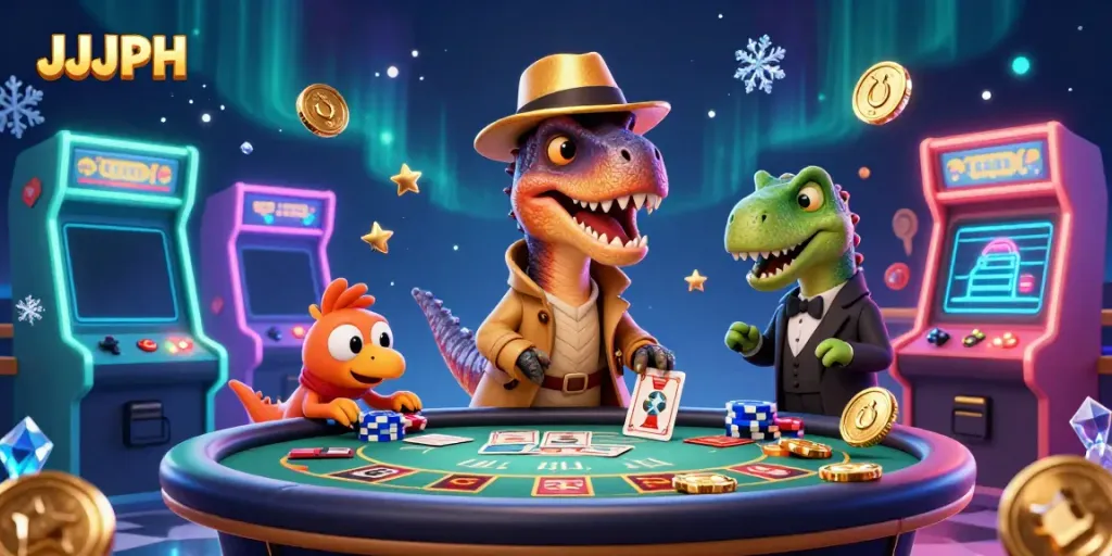 Engage with JJJPH in an exciting 3D casino illustration featuring dynamic characters and colorful gaming elements.