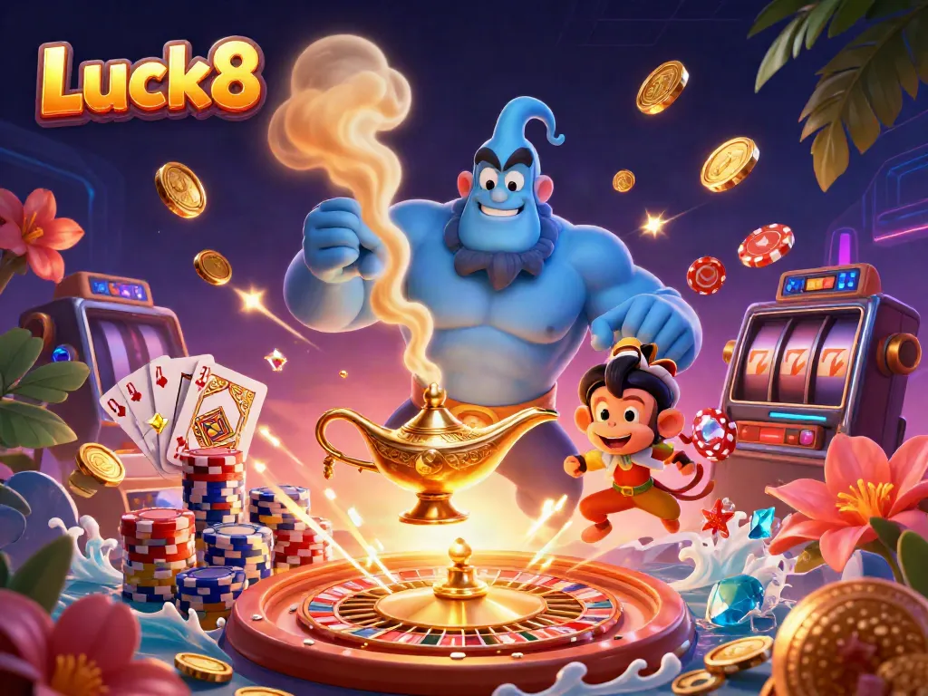 Luck8's vibrant 3D casino scene with genie, monkey, and magic carpet amidst casino elements.