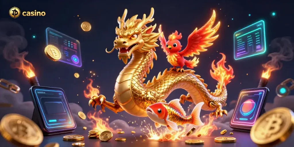 Experience the thrill of casino gaming with a vibrant dragon and phoenix in 3D art.