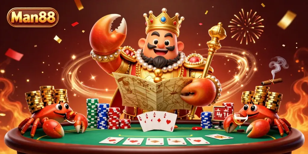 Experience the excitement of Man88 with a golden crab emperor at a vibrant poker table.