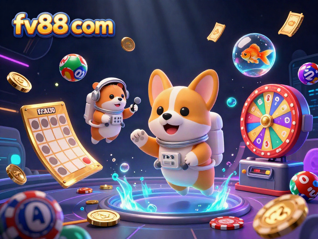 Experience excitement in the fv88 com space casino with a 3D cartoon illustration featuring an astronaut corgi, lottery balls, and glowing effects.