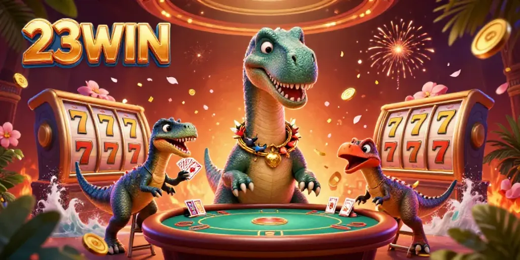 Experience thrilling action at 23WIN casino with a brontosaurus and raptor in a vibrant scene.