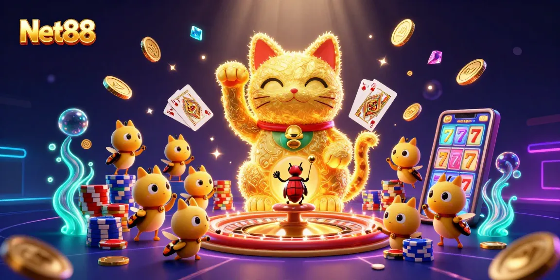 Enjoy thrilling gaming moments at Net88 with a vibrant golden lucky cat and casino elements.