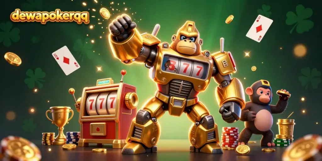 Engage with dewapokerqq's thrilling poker action in an ultra-detailed 3D illustration showcasing vibrant characters and casino elements.