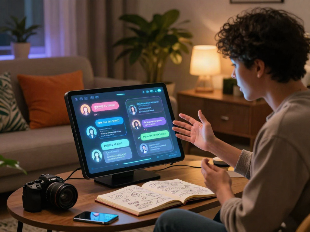 Engaging in NSFW AI chat interface in a cozy setting with tech gadgets and warm lighting.
