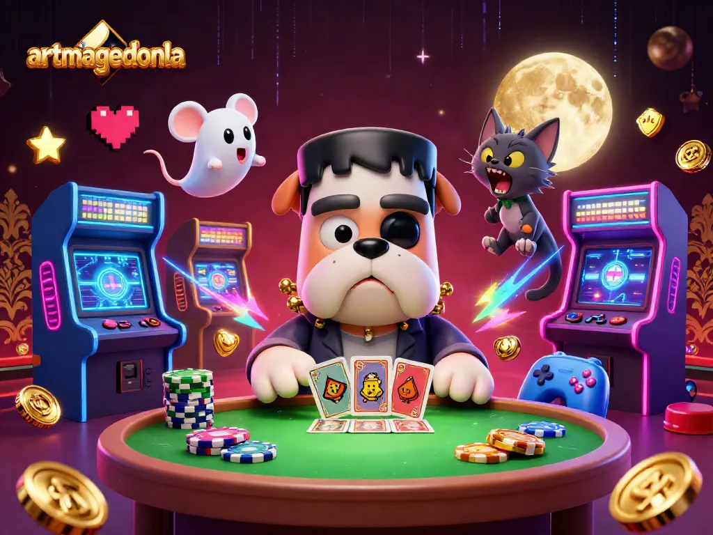 Win big at artmageddonla with lively characters and colorful gaming elements in a packed casino scene.