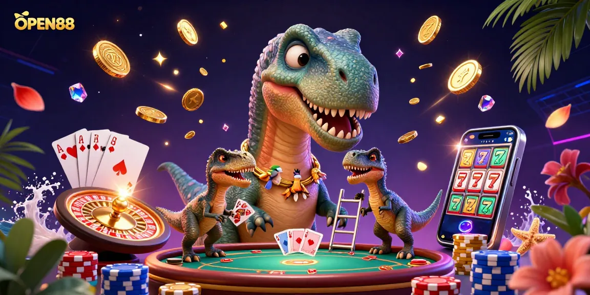 Experience excitement at OPEN88 with a vibrant 3D casino scene featuring a giant dinosaur and dynamic gaming elements.