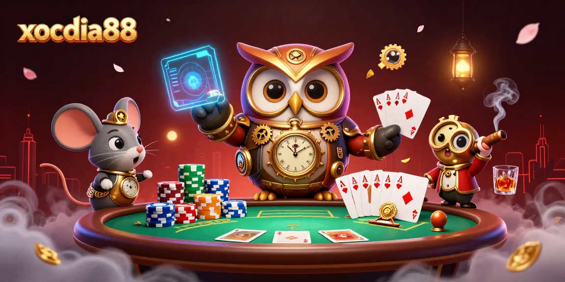 xocdia88 promotes thrilling gaming experiences in a vibrant 3D casino scene adorned with steampunk elements.