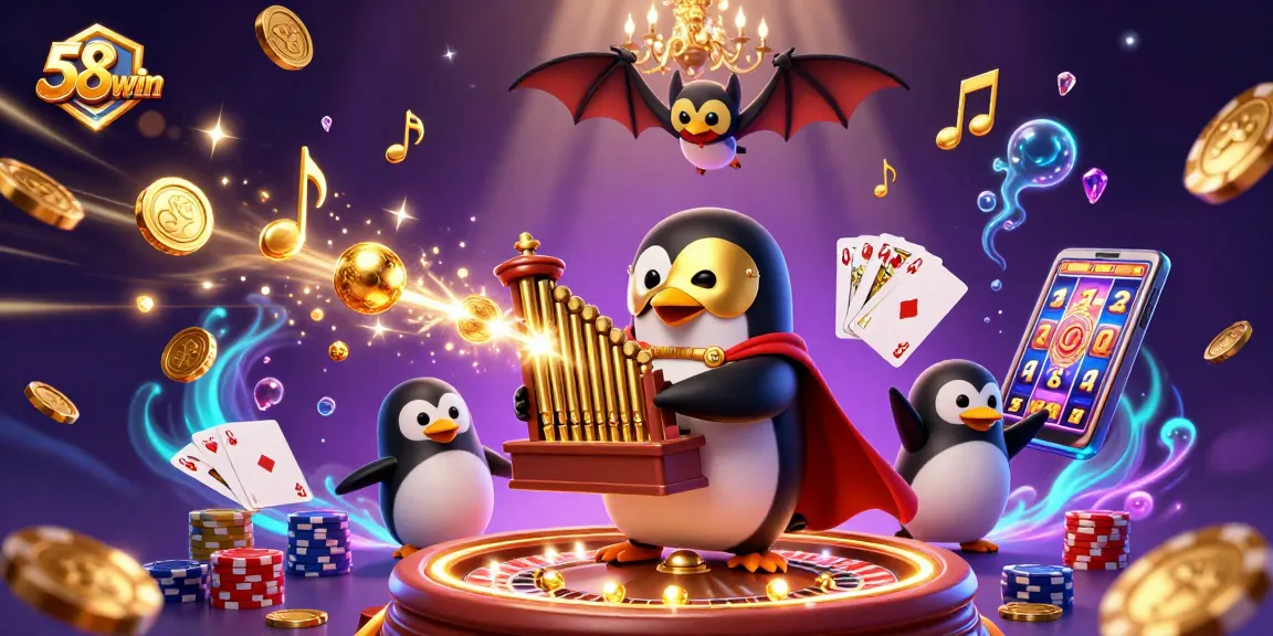 Join the fun at 58win, where a cartoon penguin plays enchanting tunes while coins rain down in a vibrant casino scene.