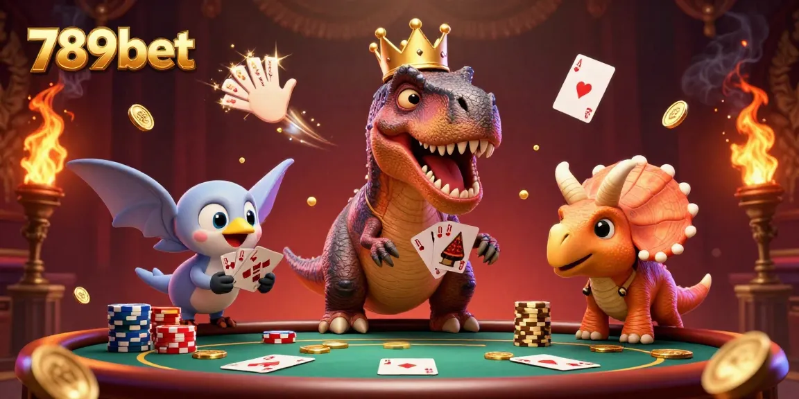 Engage in thrilling poker action with 789bet as a cartoon T-Rex shuffles cards, supported by a pterodactyl.