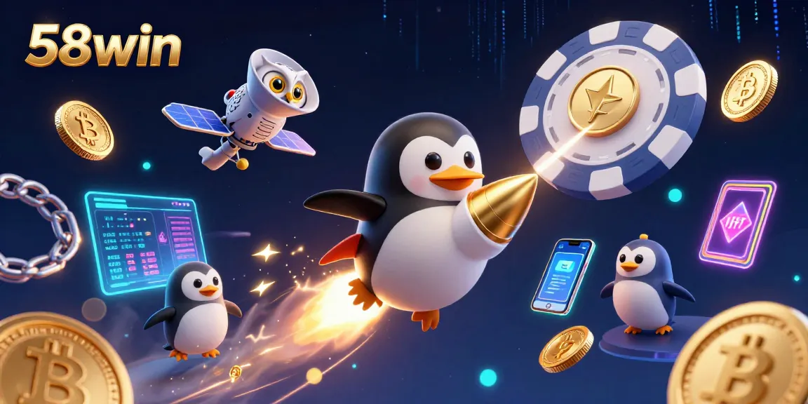 Engage in thrilling gameplay at 58win with a vibrant scene featuring a golden penguin soaring past a casino space station.