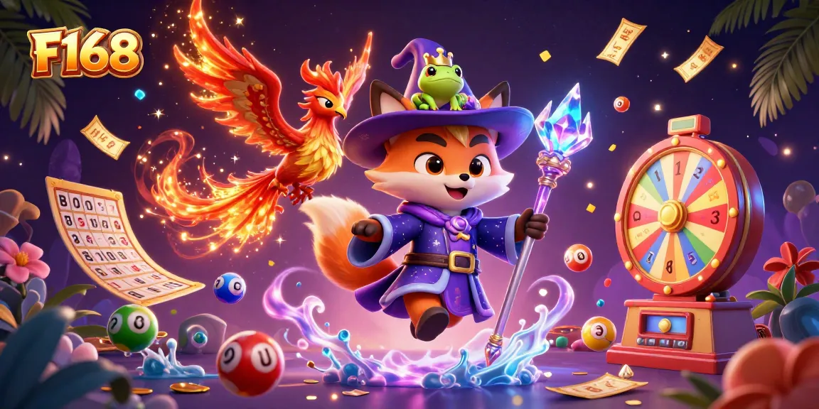 Experience thrilling games at F168 with vibrant illustrations of wizards, phoenixes, and exciting lottery elements.