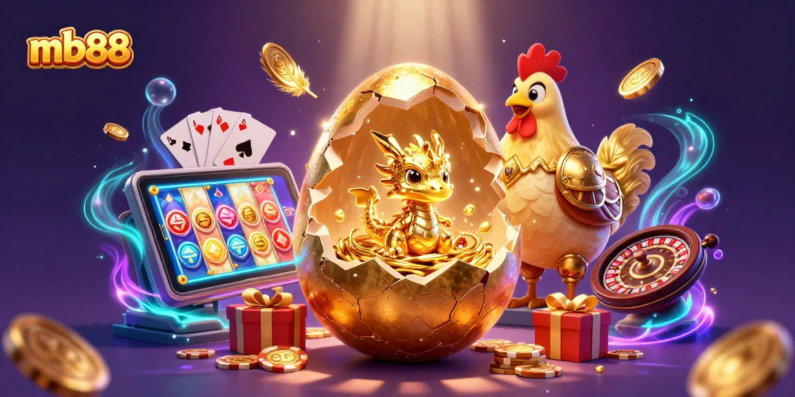 Play the thrilling games at mb88 with a vibrant 3D illustration showcasing golden elements and casino features.