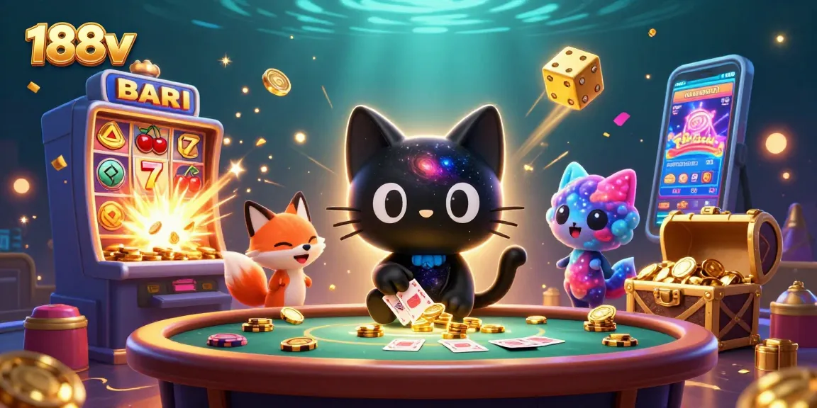 Experience the excitement of 188v with a cosmic casino scene featuring playful characters and thrilling game symbols.