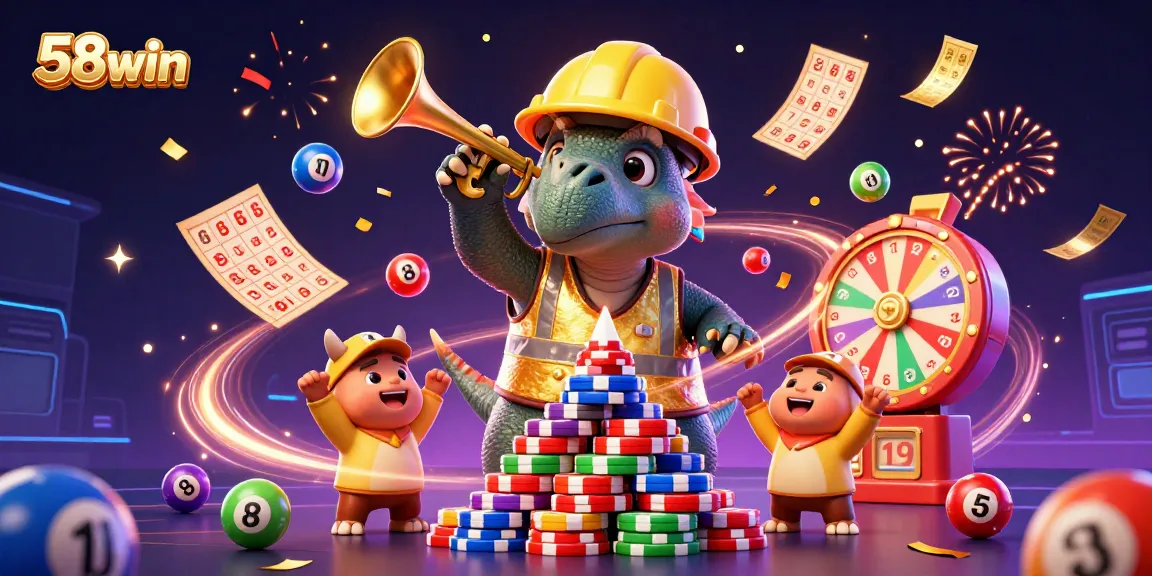 Celebrate big wins with 58win as fun characters create a casino scene full of excitement around poker chips.