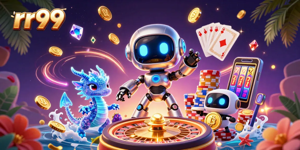 Experience the excitement of rr99 with animated characters and casino elements in a vibrant 3D scene.