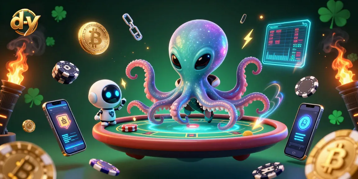 Engage in exciting poker action with d-y's alien octopus at a holographic table amidst crypto coolness.