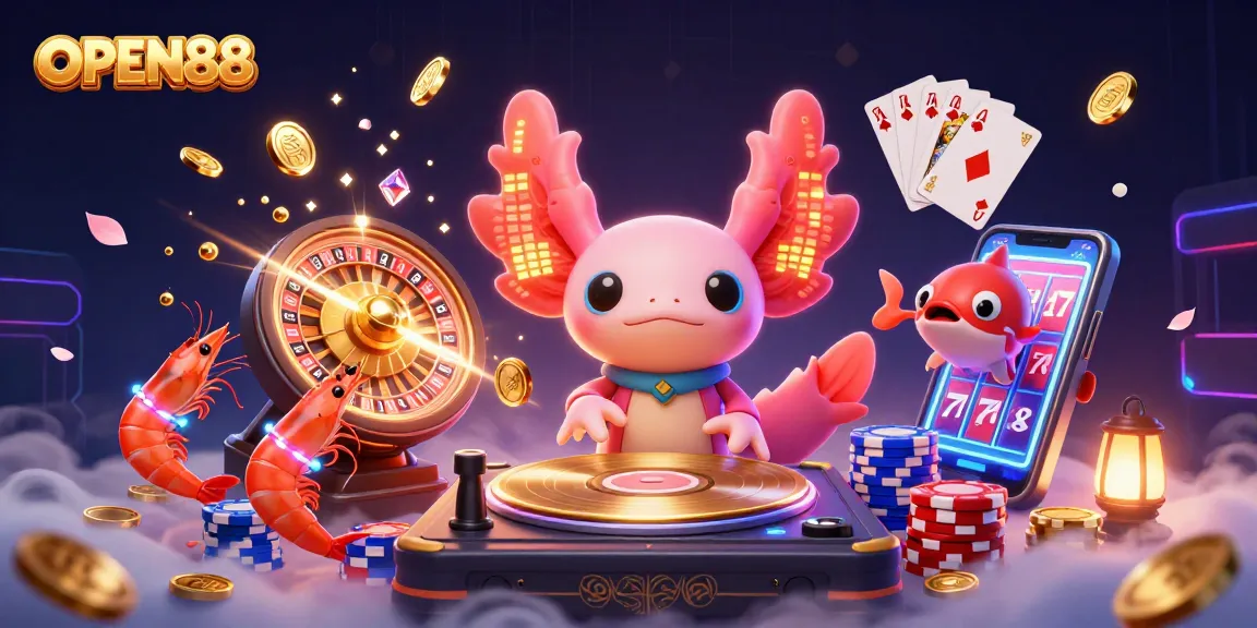 Engage with OPEN88's thrill through casino adventures featuring an axolotl DJ, vibrant game elements, and dynamic action.