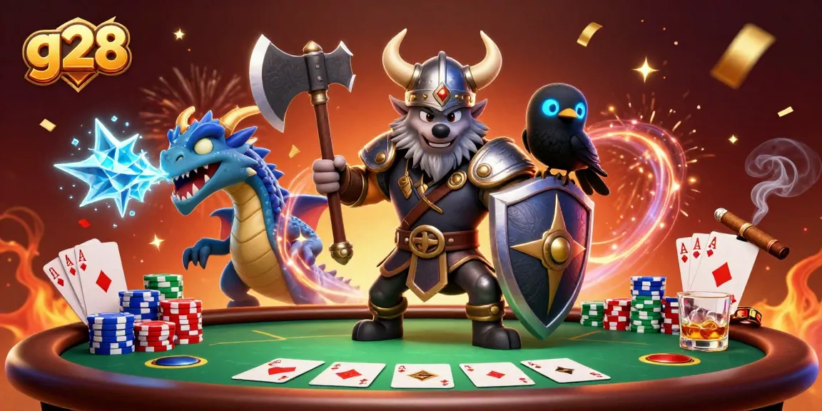 Engage with g28-themed poker action featuring a Viking warrior, ice dragon, and raven in a vibrant casino scene.