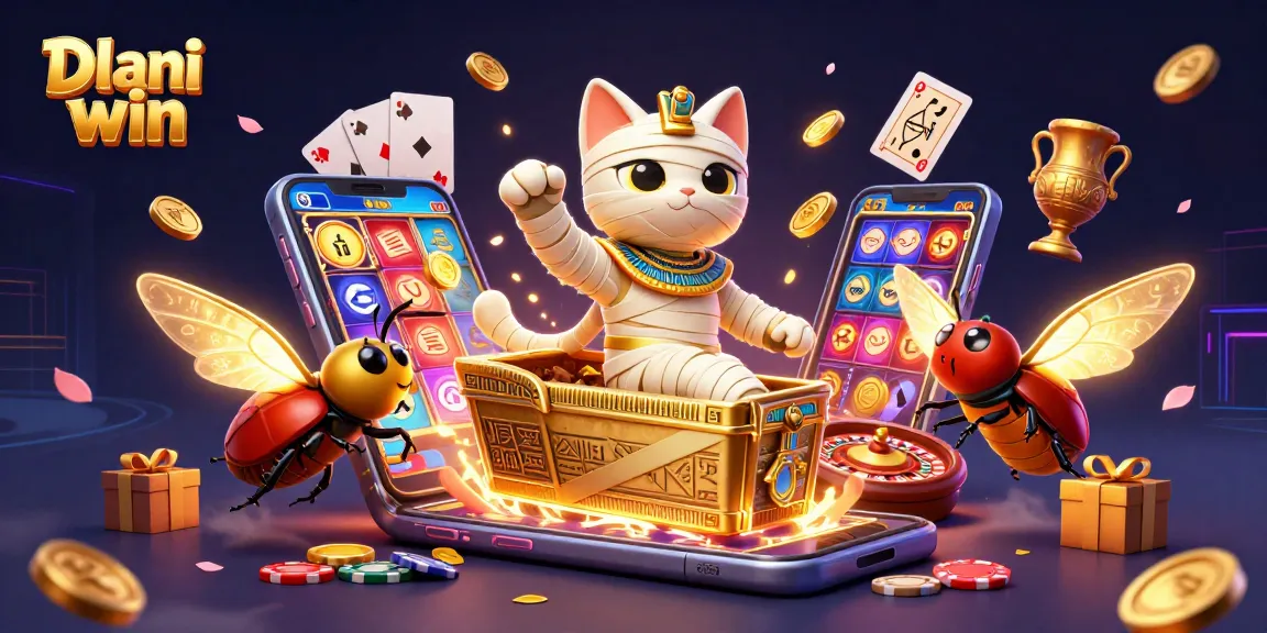 Experience thrilling Dhani win gameplay with an Egyptian mummy cat, glowing scarab, and vibrant slot games.