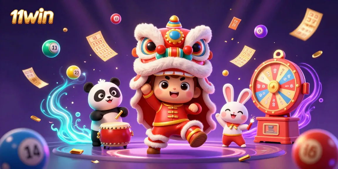 Experience the thrilling excitement of 11WIN with a festive 3D casino scene featuring lottery elements.