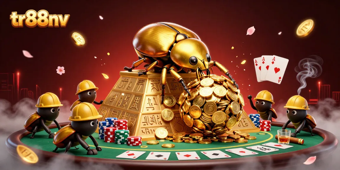 Engage in winning strategies with tr88nv as golden beetles roll coins in this vibrant casino scene.