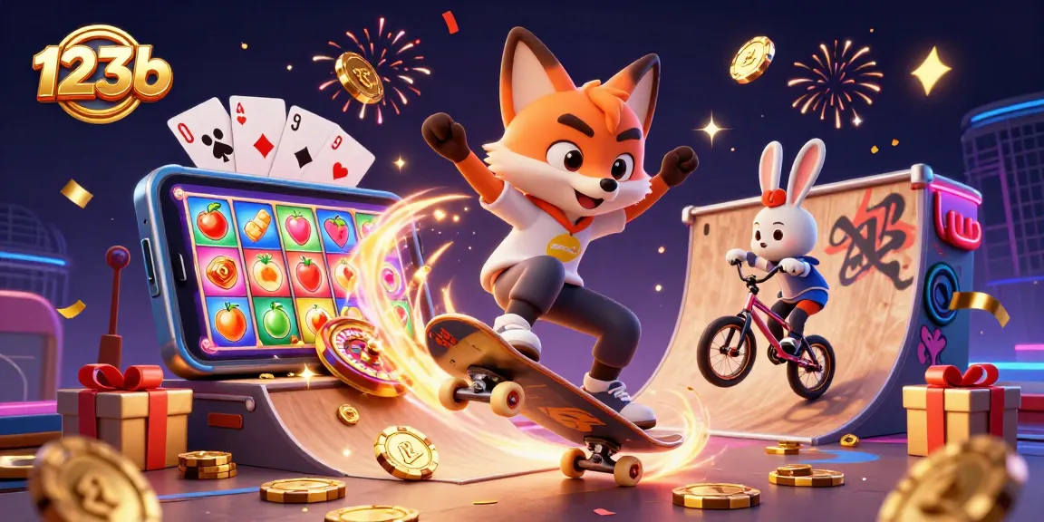 Experience excitement with 123b’s vibrant illustration of a fox and rabbit gaming in a casino-themed scene.