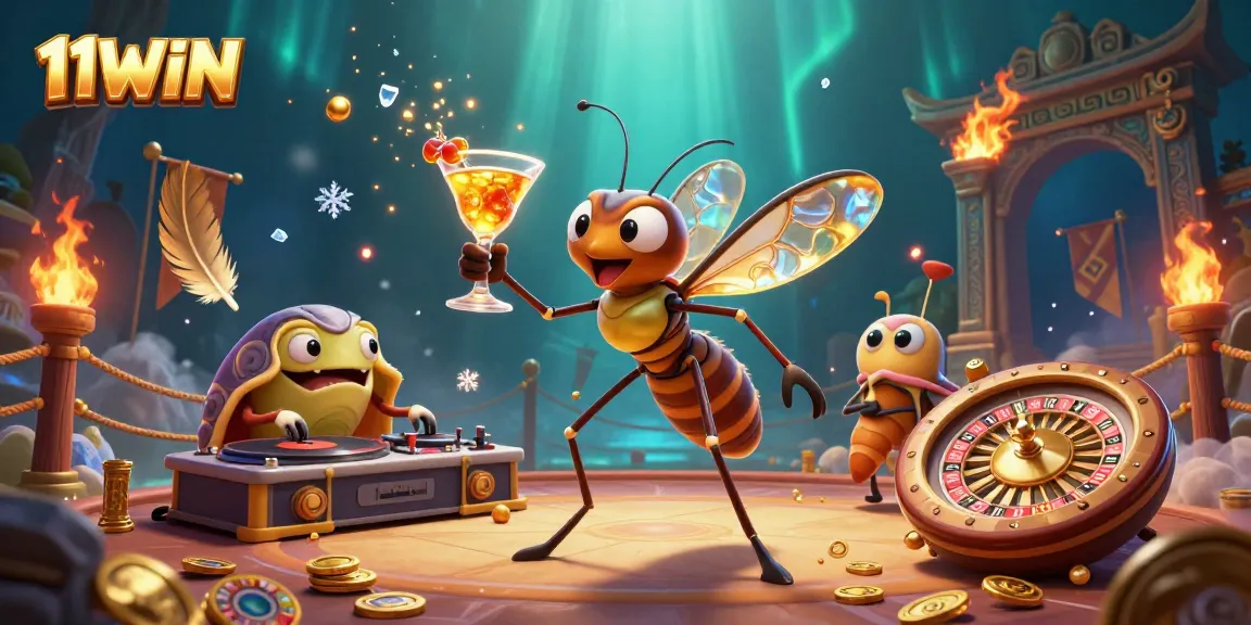 Experience 11WIN with a vibrant 3D casino scene featuring unique gambling characters and dynamic elements.