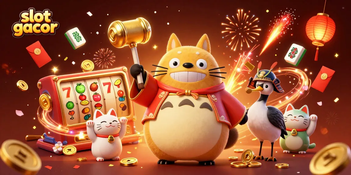 Engage with slot gacor excitement through vibrant 3D illustration featuring cheerful characters and casino elements.