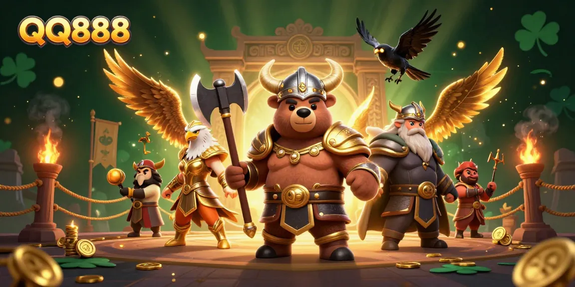 Experience thrilling gaming adventures with QQ888 as a Viking berserker and Valkyrie eagle unite in a vibrant casino atmosphere.