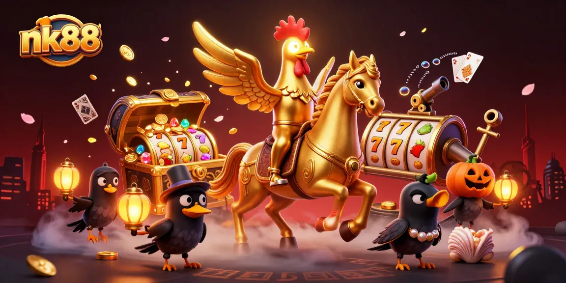 Experience thrilling gaming at nk88 with a golden rooster riding through an animated casino.