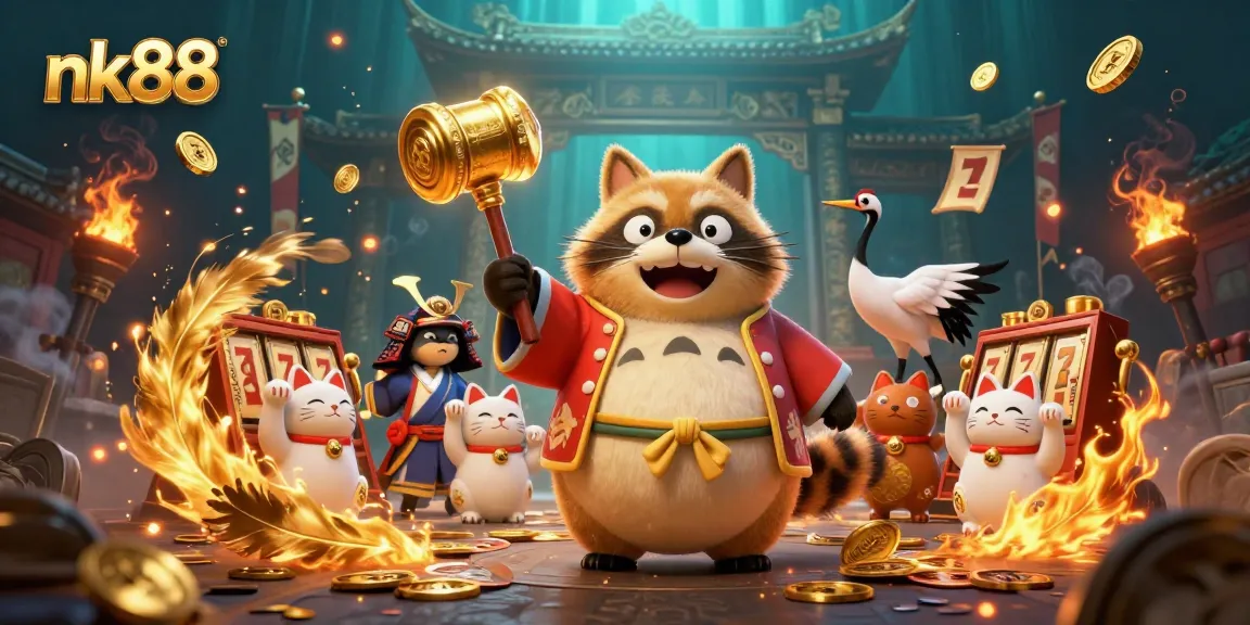 Play exciting games at nk88 with a cheerful tanuki and lucky symbols surrounding vibrant casino action.