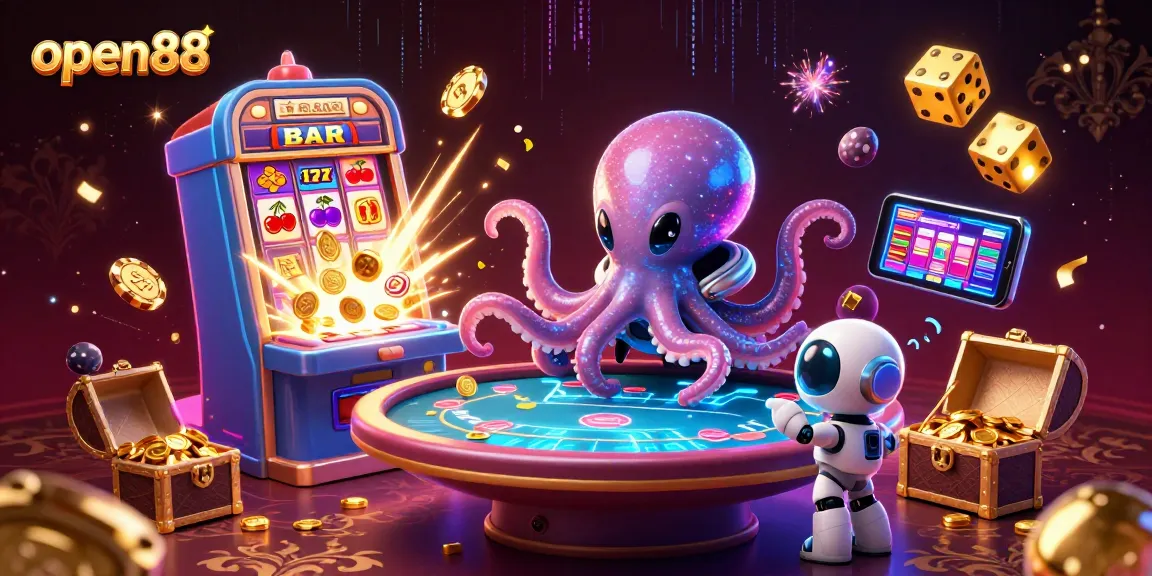 Experience interactive gaming with open88's alien octopus at a vibrant poker table
