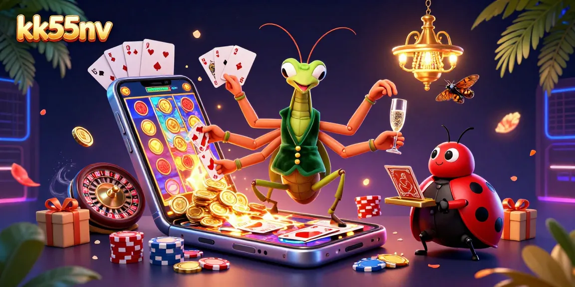 Engage in exciting gameplay at KK55NV, featuring vibrant 3D casino elements and animated characters.