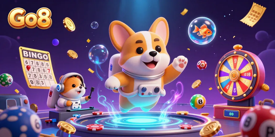 Experience the excitement of Go8 casino games with a playful dog, hamster, and goldfish in a vibrant 3D illustration.