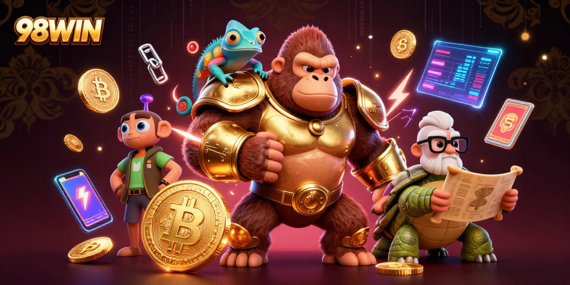 Engage with 98WIN's vibrant casino experience featuring a powerful gorilla king and dynamic game elements.