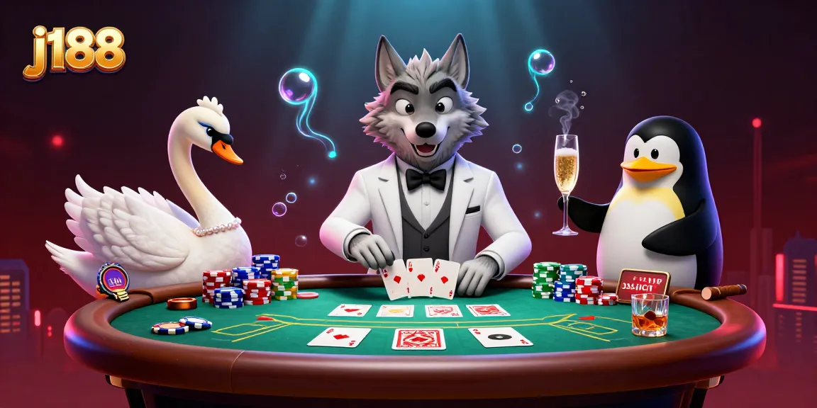 Experience thrilling baccarat action at j188 with a debonair wolf, elegant swan, and champagne-presenting penguin.
