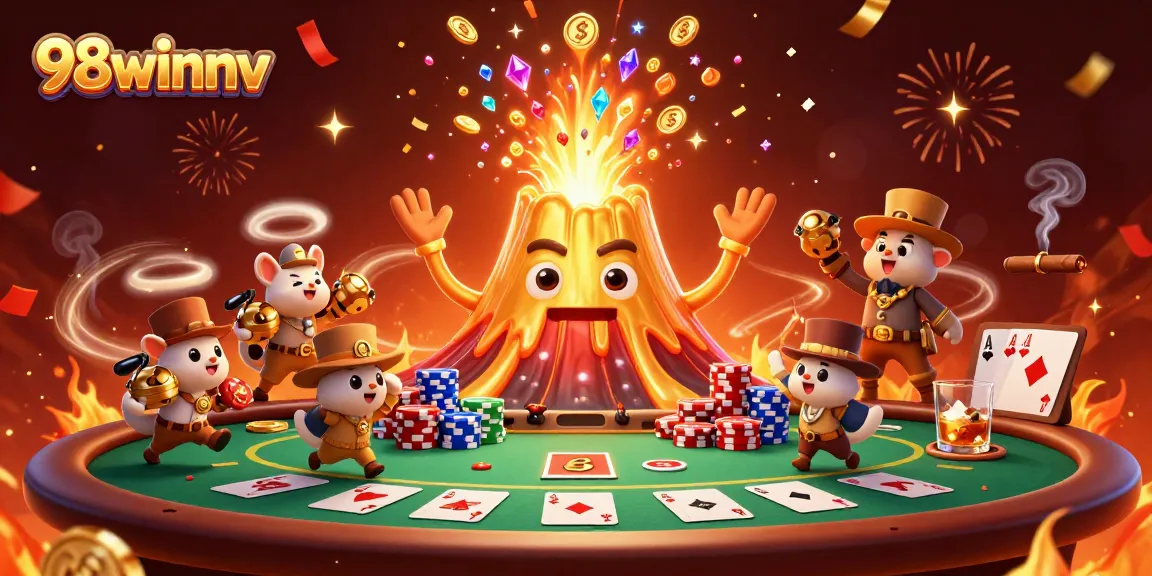 Experience thrilling wins at 98winnv as a golden volcano erupts coins amidst poker excitement in this vibrant scene.