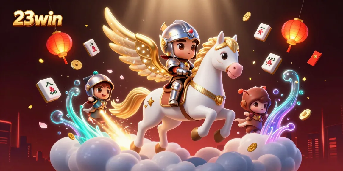 Play at 23win with a celestial-themed 3D character galloping through a magical gambling scene.