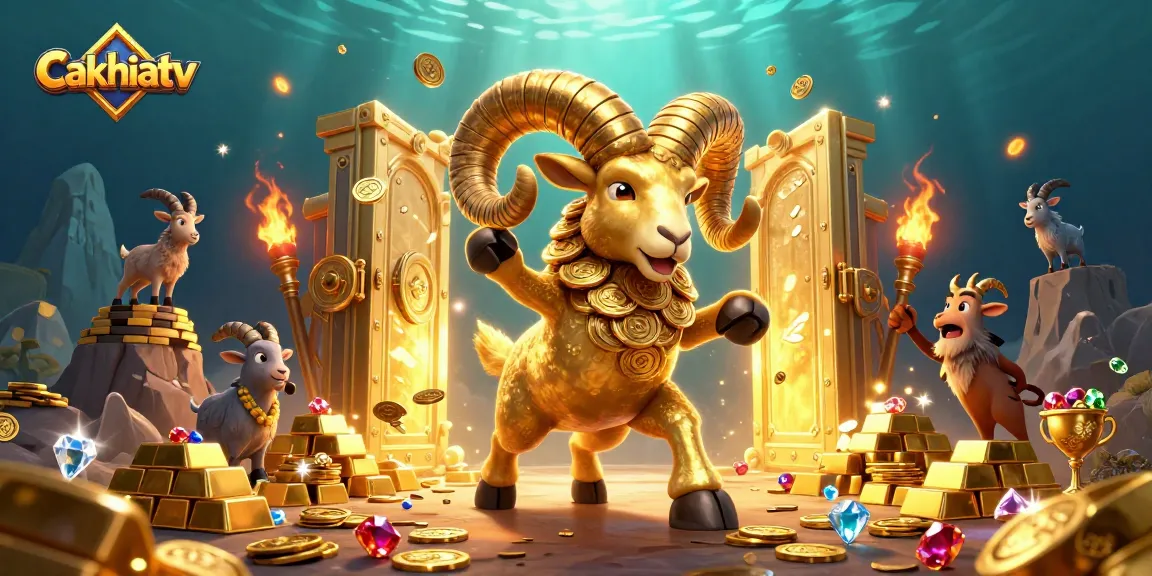 Cakhiatv features dynamic golden ram charging through a treasure vault scene, showcasing rich casino elements.